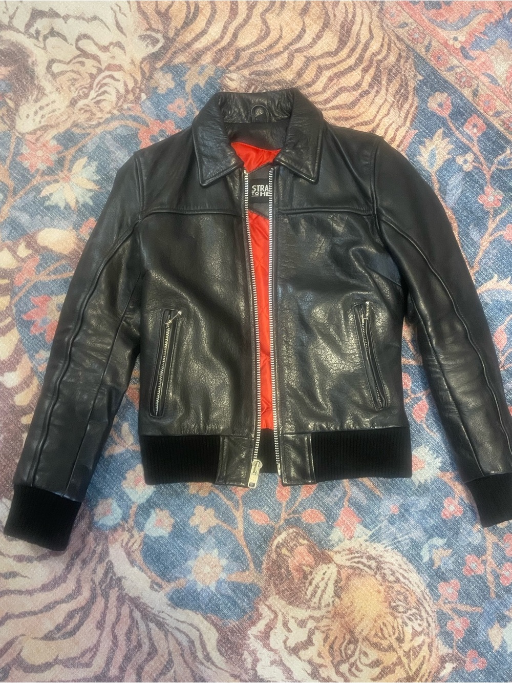 Black Leather Bomber Jacket with Red Lining by Straight to Hell.
